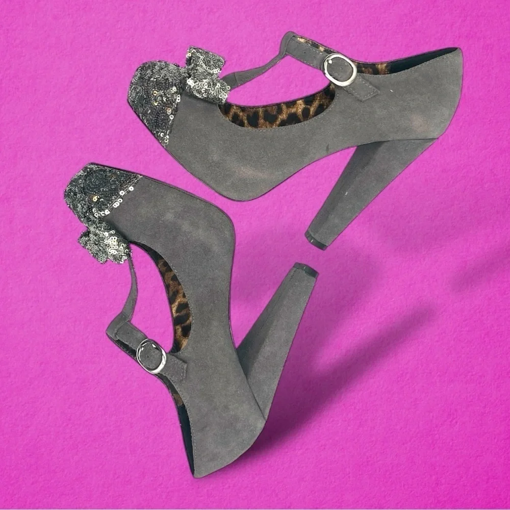 Betsey Johnson Gray Poppie Mary Jane Heels with Silver Sequin Bow
